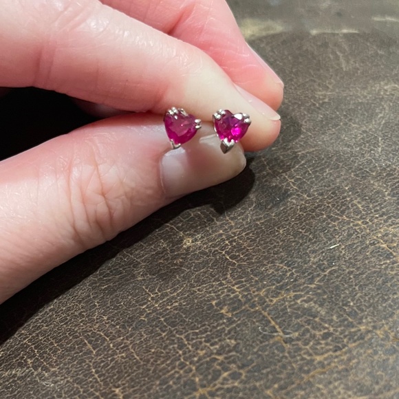 Ash Croft and Oak Lab Created Ruby and 10k White Gold Heart Earrings - Picture 1 of 8